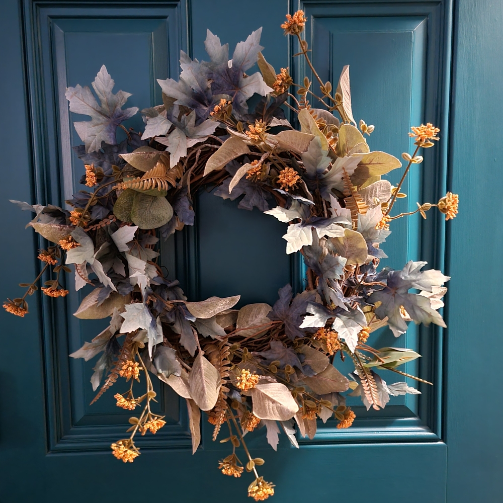 Elegant Autumn Wreath with Blue and Gold Highlights